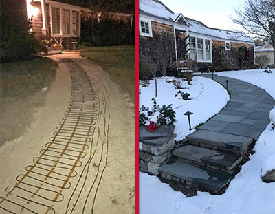 Heating mats being installed for heated walkway, and a photo of the completed walkway after a snowstorm. Heated walkway being installed and shown afterwards.