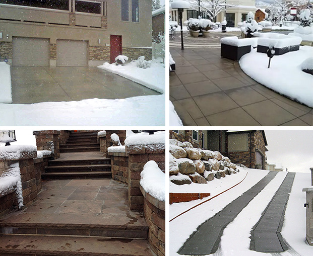 Different types of radiant snow melting systems after snowstorms. Snow melting systems in action.
